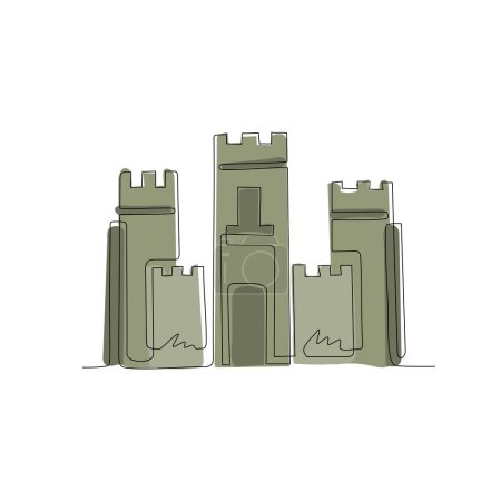 Illustration for Continuous one line drawing knight's castle. Stone medieval fortress with tower, wall and gate. Protection from enemies. Reliability and defense of the city. Single line draw design vector graphic - Royalty Free Image