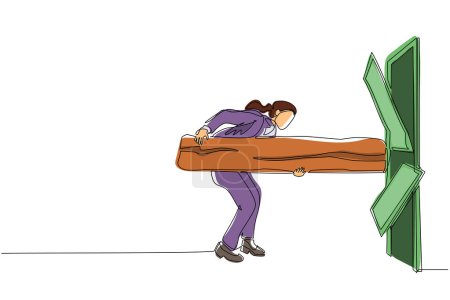 Illustration for Single one line drawing businesswoman holding large log and destroying door. Overcome challenges, and destroying obstacles with power and brute force. Modern continuous line draw design graphic vector - Royalty Free Image