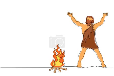 Téléchargez les illustrations : Un seul trait continu dessinant l'homme préhistorique debout autour du feu de joie. Caveman se tient debout et lève deux de ses mains autour du feu de camp. Il réchauffe son corps la nuit. Illustration vectorielle de dessin à une ligne - en licence libre de droit