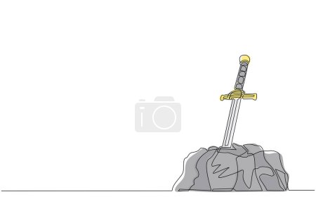 Ilustración de Dibujo continuo de una línea Espada Excalibur atascada o atrapada en piedra. Escena icónica de historias europeas medievales sobre el rey Arturo. Hoja antigua clavada en roca de piedra. Vector de diseño de línea única - Imagen libre de derechos