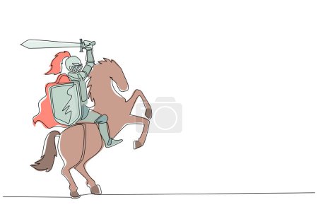 Ilustración de Línea continua única que dibuja caballo armado medieval del caballo. Carácter militar antiguo histórico. Príncipe con espada y escudo. Un luchador antiguo. Dinámica de una línea dibujar vector de diseño gráfico - Imagen libre de derechos