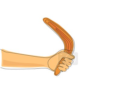 Illustration for Single one line drawing hand holding boomerang, ancient aboriginal hunting tool from Australia. Traditional souvenir, Australian native symbols. Continuous line draw design graphic vector illustration - Royalty Free Image