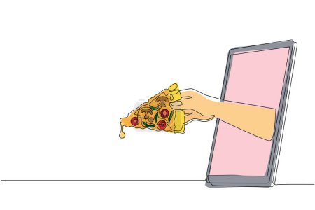 Illustration for Single one line drawing hand holding pizza slice through mobile phone. Concept of restaurant order delivery online food. Application for smartphones. Continuous line draw design vector illustration - Royalty Free Image
