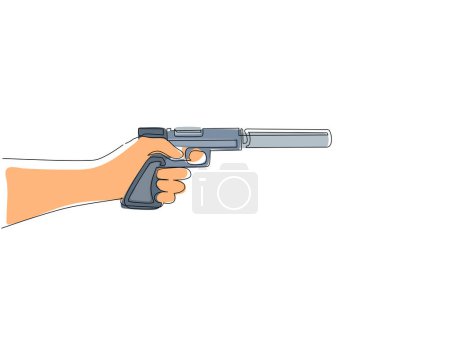 Illustration for Single one line drawing hand holding pistol with silencer. Mafia gangster gun with silencer, handgun silhouette, gun isolated on white. Modern continuous line draw design graphic vector illustration - Royalty Free Image