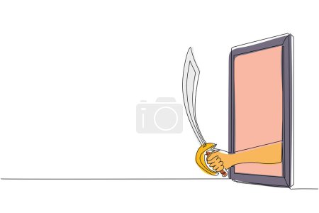 Ilustración de Continuo dibujo de una línea de mano sosteniendo sable pirata cutlass a través del teléfono móvil. Concepto de piratas videojuegos, e-sport, aplicación de entretenimiento para teléfonos inteligentes. Vector de diseño de línea única - Imagen libre de derechos
