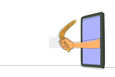 Illustration for Single continuous line drawing hand holding boomerang through mobile phone. Concept of agility video games, e-sport, entertainment application for smartphones. One line draw design vector illustration - Royalty Free Image