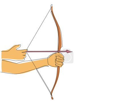 Ilustración de Continuo dibujo de una línea de mano con flecha de arco apuntando listo para disparar objetivo. Arco de madera tradicional tiro con arco deporte. Equipo de tiro con arco con flecha aislada. Dibujo de línea única diseño vector gráfico - Imagen libre de derechos