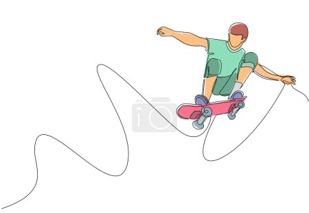 Téléchargez les illustrations : Simple une ligne dessin jeune skateboarder cool homme équitation skateboard et faire un tour de saut dans le skate park. Sport d'ado extrême. Concept de mode de vie sportif sain. Vecteur de dessin de ligne continue - en licence libre de droit