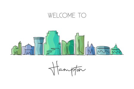 Illustration for One single line drawing Hampton city skyline, Virginia. World historical town landscape. Best holiday destination postcard print. Editable stroke trendy continuous line draw design vector illustration - Royalty Free Image