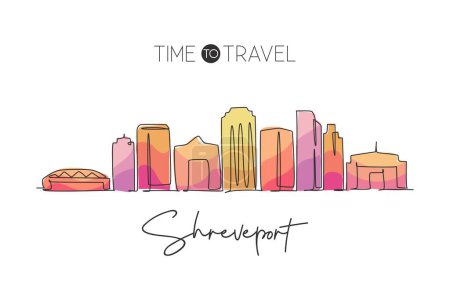Illustration for Single continuous line drawing of Shreveport skyline, Louisiana. Famous city scraper landscape. World travel home wall decor art poster print concept. Modern one line draw design vector illustration - Royalty Free Image