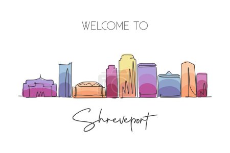Illustration for One single line drawing Shreveport city skyline, Louisiana. World historical town landscape. Best holiday destination postcard. Editable stroke trendy continuous line draw design vector illustration - Royalty Free Image