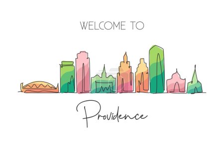 Illustration for Single continuous line drawing Providence skyline, Rhode Island. Famous city scraper landscape. World travel home wall decor art poster print concept. Modern one line draw design vector illustration - Royalty Free Image