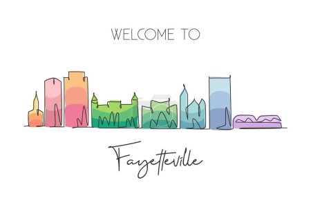 Illustration for Single continuous line drawing of Fayetteville skyline, North Carolina. Famous city scraper landscape. World travel wall decor art poster print concept. Modern one line draw design vector illustration - Royalty Free Image