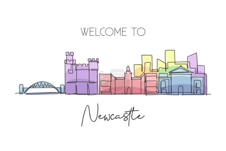 Illustration for One continuous line drawing of Newcastle city skyline. Beautiful city skyscraper world landscape tourism travel vacation home wall decor poster art concept. Single line draw design vector illustration - Royalty Free Image