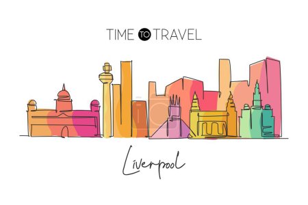 Illustration for One continuous line drawing Liverpool city skyline. Beautiful Merseyside city skyscraper. World landscape tourism travel vacation home wall decor concept. Single line draw design vector illustration - Royalty Free Image