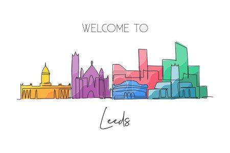 Illustration for Single continuous line drawing of Leeds city skyline. Famous city skyscraper landscape. World travel campaign home decor wall art poster print concept. Modern one line draw design vector illustration - Royalty Free Image