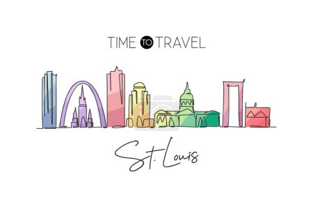 Illustration for One continuous line drawing of St. Louis city skyline, USA. Beautiful landmark. World landscape tourism travel vacation wall decor art poster print. Stylish single line draw design vector illustration - Royalty Free Image