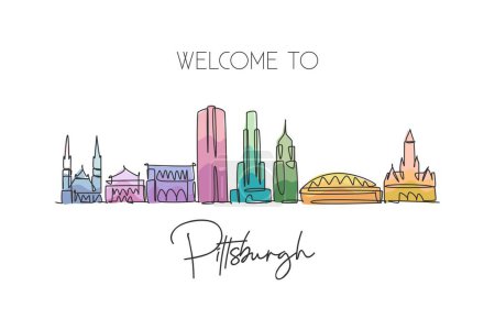 Téléchargez les illustrations : Un seul dessin de Pittsburgh City Skyline, Pennsylvanie. Paysage urbain historique dans le monde. Meilleure destination de vacances. Illustration vectorielle de dessin de ligne continue tendance course modifiable - en licence libre de droit