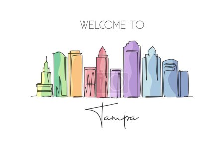Illustration for Single continuous line drawing of Tampa city skyline, USA. Famous city scraper and landscape. World travel concept home wall decor poster print art. Modern one line draw design vector illustration - Royalty Free Image