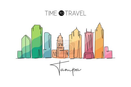 Illustration for One continuous line drawing Tampa city skyline, United States. Beautiful landmark. World landscape tourism travel vacation poster. Editable stylish stroke single line draw design vector illustration - Royalty Free Image