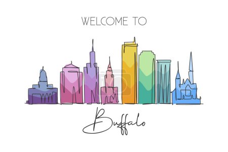 Illustration for Single continuous line drawing of Buffalo city skyline, USA. Famous city scraper and landscape. World travel concept home wall decor poster print art. Modern one line draw design vector illustration - Royalty Free Image