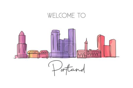 Illustration for Single continuous line drawing of Portland city skyline, USA. Famous city scraper and landscape. World travel concept home wall decor art poster print. Modern one line draw design vector illustration - Royalty Free Image