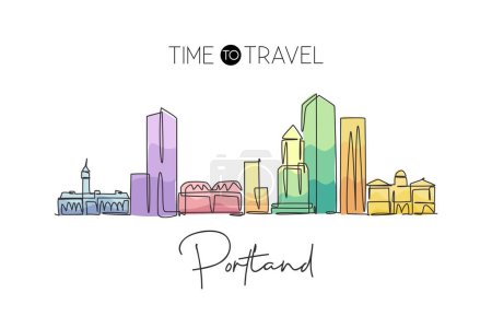 Illustration for One single line drawing of Portland city skyline United States. Historical town landscape in the world. Best holiday destination. Editable stroke trendy continuous line draw design vector illustration - Royalty Free Image