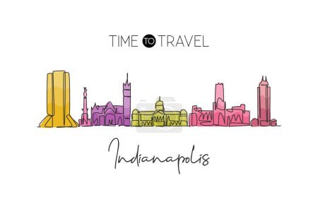 Illustration for Single continuous line drawing of Indianapolis city skyline, USA. Famous city scraper and landscape. World travel concept home wall decor poster print. Modern one line draw design vector illustration - Royalty Free Image