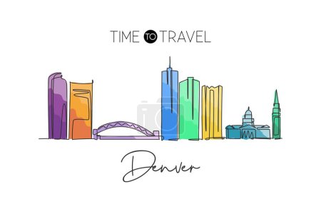 Illustration for One single line drawing of Denver city skyline, United States. Historical town landscape in the world. Best holiday destination. Editable stroke trendy continuous line draw design vector illustration - Royalty Free Image