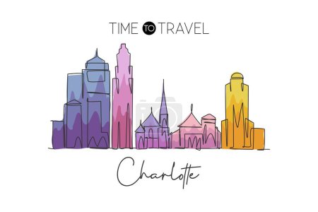 Illustration for Single continuous line drawing of Charlotte city skyline, USA. Famous city scraper and landscape. World travel concept home wall decor poster print art. Modern one line draw design vector illustration - Royalty Free Image