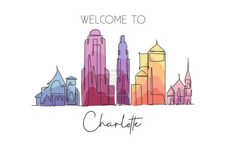 Illustration for One continuous line drawing Charlotte city skyline United State. Beautiful landmark. World landscape tourism travel vacation poster. Editable stylish stroke single line draw design vector illustration - Royalty Free Image