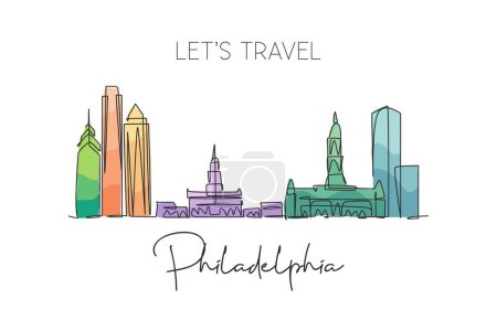 Téléchargez les illustrations : Single continuous line drawing of Philadelphia city skyline, États-Unis d'Amérique. Paysage célèbre. Affiche de voyage du monde print art. Illustration vectorielle de dessin d'une ligne moderne de course modifiable - en licence libre de droit
