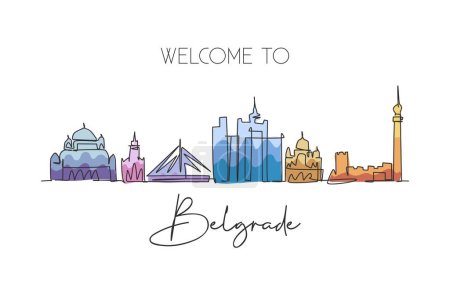 Illustration for Single continuous line drawing of Belgrade city skyline, Serbia. Famous city scraper landscape. World travel concept home decor wall art poster print. Modern one line draw design vector illustration - Royalty Free Image