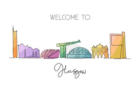 Ilustración de Un dibujo en línea continua del horizonte de la ciudad de Glasgow, Escocia. Hermoso punto de referencia. Paisaje mundial turismo viaje cartel de vacaciones. Editable estilo carrera sola línea dibujar diseño vector ilustración - Imagen libre de derechos