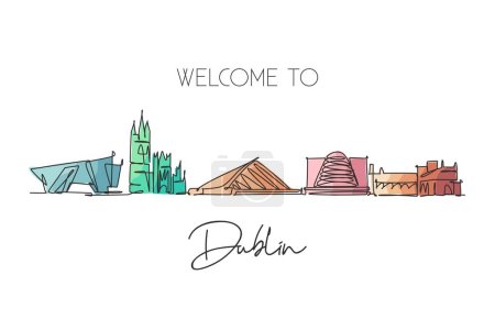 Illustration for One continuous line drawing of Dublin city skyline, Republic of Ireland. Beautiful landmark. World landscape tour travel vacation wall decor poster. Stylish single line draw design vector illustration - Royalty Free Image