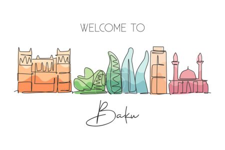 Illustration for One single line drawing of Baku city skyline, Azerbaijan. Historical town landscape in world. Best holiday destination wall decor poster print. Trendy continuous line draw design vector illustration - Royalty Free Image