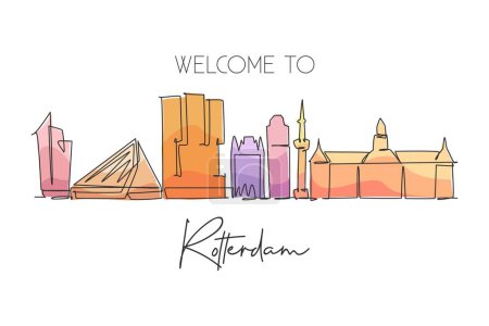 Illustration for Single continuous line drawing of Rotterdam city skyline, Netherlands. Famous skyscraper landscape postcard. World travel wall decor poster art concept. Modern one line draw design vector illustration - Royalty Free Image