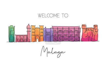One continuous line drawing Malaga city skyline, Spain. Beautiful skyscraper. World landscape tourism travel vacation wall decor poster art concept. Stylish single line draw design vector illustration