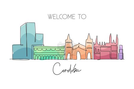 Illustration for One single line drawing of Cordoba city skyline, Spain. Historical skyscraper landscape in world postcard. Best holiday destination wall decor poster. Continuous line draw design vector illustration - Royalty Free Image