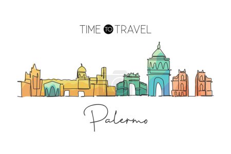 Illustration for One single line drawing Palermo city skyline, Italy. Historical skyscraper landscape in world. Best holiday destination home wall decor poster. Trendy continuous line draw design vector illustration - Royalty Free Image