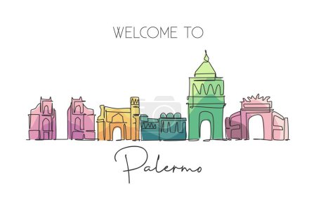 Illustration for One continuous line drawing Palermo city skyline, Italy. Beautiful skyscraper. World landscape tourism travel vacation wall decor poster concept. Stylish single line draw design vector illustration - Royalty Free Image