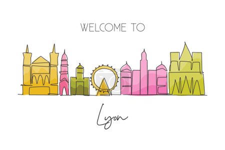 Illustration for One continuous line drawing of Lyon city skyline, France. Beautiful skyscraper. World landscape tourism travel vacation wall decor poster concept. Stylish single line draw design vector illustration - Royalty Free Image