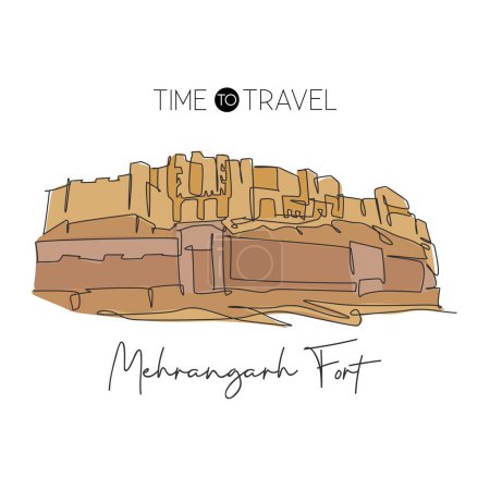 Illustration for One single line drawing Mehrangarh Fort landmark. Famous historic place in Jodhpur India. Tourism travel home wall decor poster postcard concept. Modern continuous line draw design vector illustration - Royalty Free Image