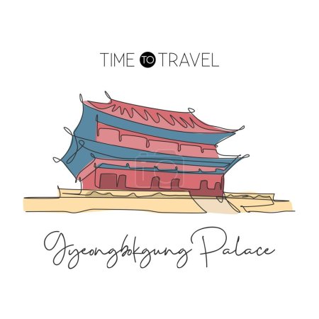 Illustration for Single continuous line drawing Gyeongbokgung Palace landmark. Beautiful famous place in Seoul, Korea. World travel home wall decor poster print concept. Modern one line draw design vector illustration - Royalty Free Image