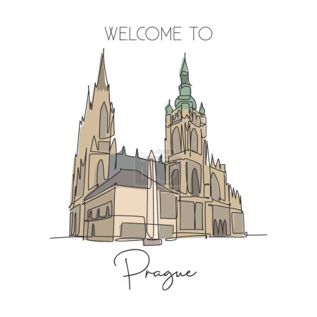 Illustration for Single continuous line drawing Prague Castle landmark. Ancient castle in the world at Czech Republic. World travel home wall decor poster print concept. Simple one line draw design vector illustration - Royalty Free Image