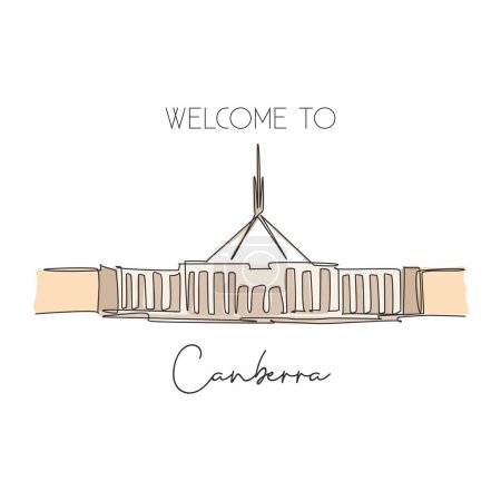 Ilustración de Una línea continua dibujando Parlamento Casa Canberra hito. Lugar de reunión del gobierno en Australia. Decoración de la pared del hogar arte cartel impresión concepto. Ilustración vectorial de diseño de línea única moderna - Imagen libre de derechos