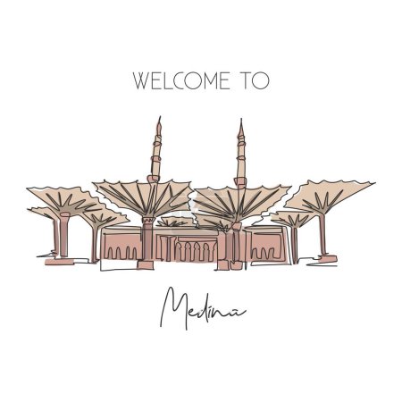 Ilustración de Una sola línea de dibujo Masjid Al Nabawi hito. Famoso icono sagrado en Medina Arabia Saudita. Hajj umrah pared de viaje decoración cartel impresión concepto. Moderna línea continua dibujo diseño vector ilustración - Imagen libre de derechos