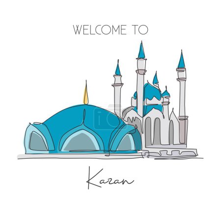 Illustration for One continuous line drawing Kul Sharif Mosque landmark. Beautiful famous masjid at Kazan Russia. Religious holy place home wall decor poster concept. Trendy single line draw design vector illustration - Royalty Free Image