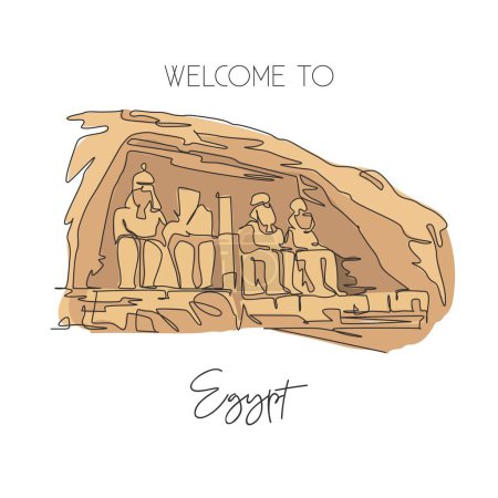 Illustration for One single line drawing Abu Simbel landmark. Famous iconic in Egyptian village Nubia. Tourism travel postcard home wall decor art poster concept. Modern continuous line draw design vector illustration - Royalty Free Image