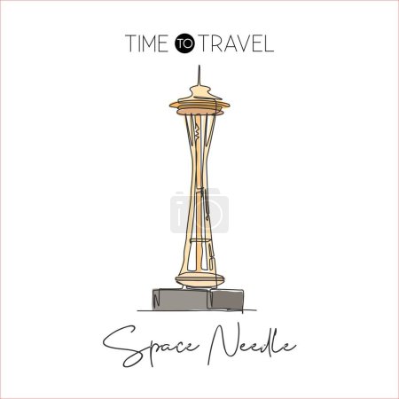Illustration for Depok, Indonesia - August 6, 2019: One continuous line drawing Space Needle landmark. World iconic place in Seattle, Washington DC, USA. Holiday vacation wall decor poster print. Vector illustration - Royalty Free Image